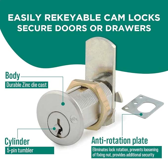 Olympus Lock DCN4 Rekeyable Cam Lock | 1-3/4" Cylinder KD Key Lock, Keyed Different | US26D Chrome Cabinet Lock | Grade 1 | Reversible for Doors & Drawers