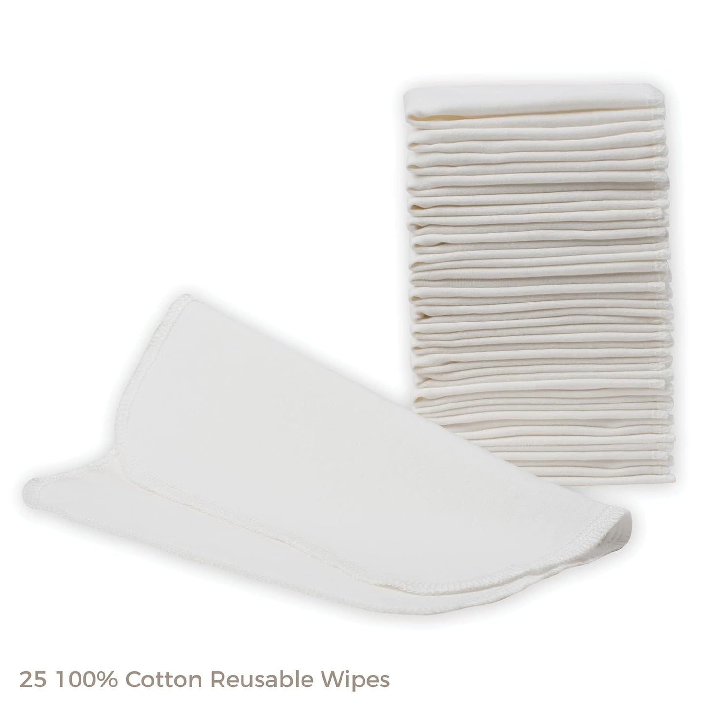 Reusable Baby Wipes, 25 Washable Cloth Wipes per Pack, 100% Cotton, Soft and Gentle for Baby's Skin, by Nora's Nursery