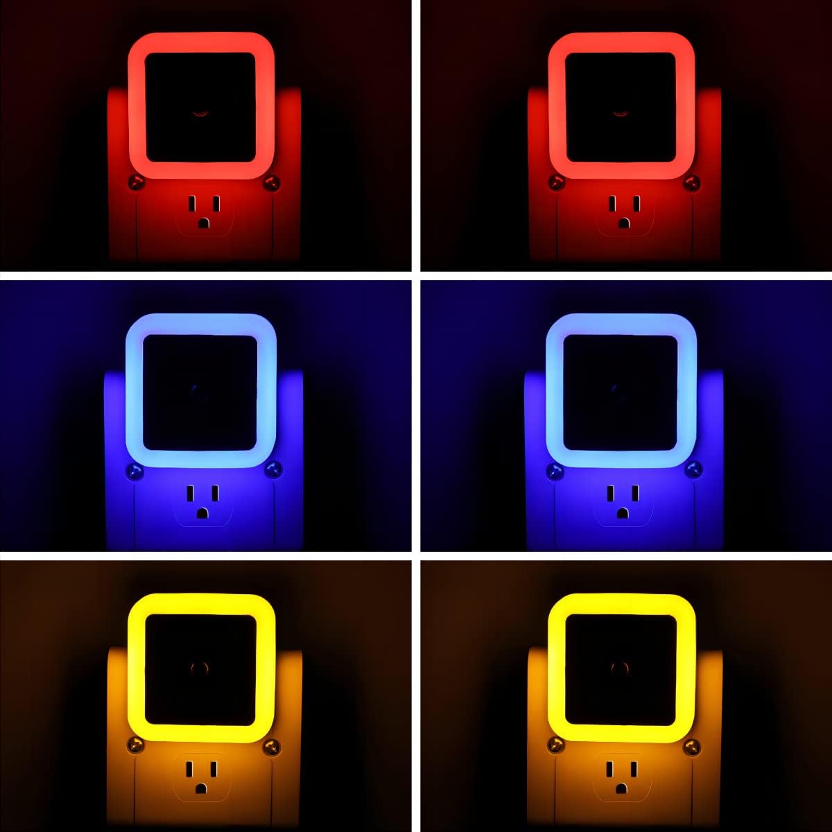 KINUR 6 Pack LED Night Light, LED Night Lights Plug into Wall with Dusk to Dawn sensors for Bathroom, Baby Nursery,Stair Lights, Hallway Light, Red, Blue, Amber