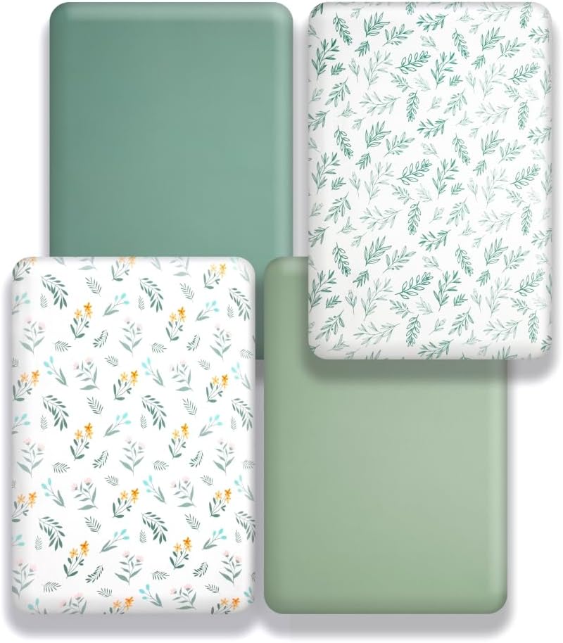 4 Pack Sage Green Fitted Nursery Sheets Breathable Neutral Unisex Baby Sheets for Boys or Girls with Leaf and Flower Design Standard Crib Sheet (Green, Crib Sheet)