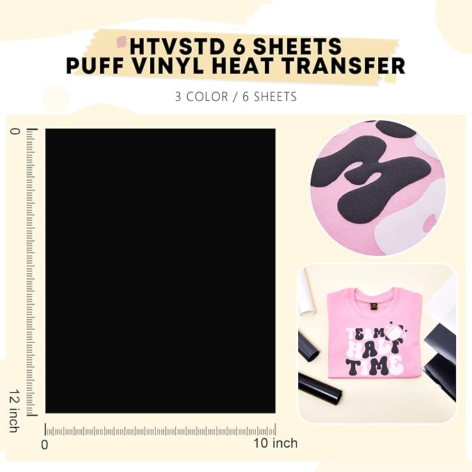 HTVSTD Grey Black White Puff HTV Heat Transfer Vinyl 6pcs 12×10in | 3D Puffy