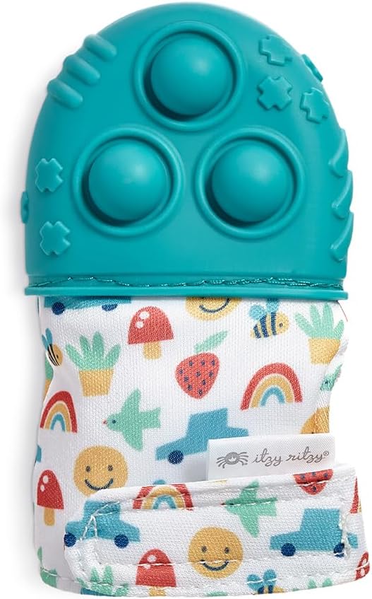 Itzy Ritzy Silicone Teething Mitt - Soothing Infant Teething Mitten with Adjustable Strap, Crinkle Sound & Textured Silicone to Soothe Sore & Swollen Gums - for Ages 3 Months & Up (Teal)