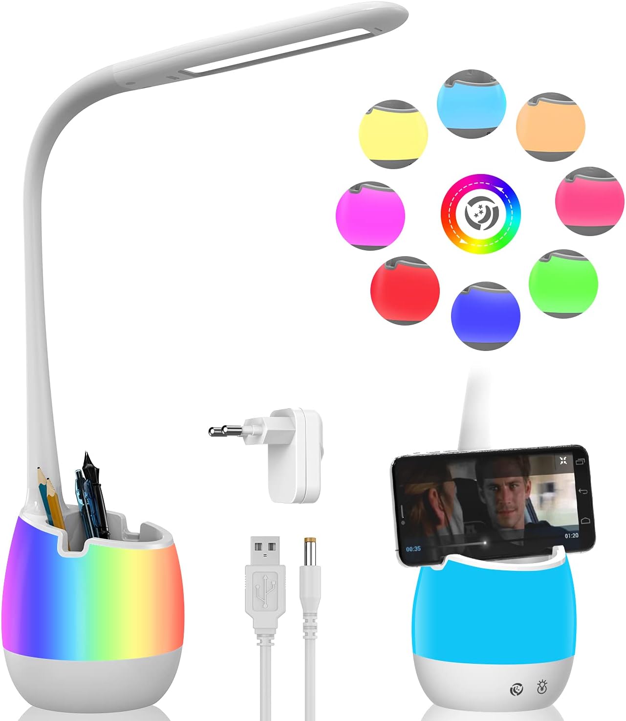 ERAY Rechargeable Battery Operated Lamp with 3 Color Modes/8 Colors Night Light/Pen Holder, Kids LED Desk Table Lamp for Home Office Dorm Reading Studying, Eye Caring, Ideal Gifts, Adapter Included