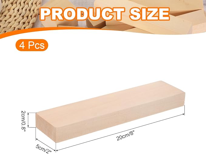MECCANIXITY 4Pcs Basswood Carving Block, 0.8"x2"x8" Square Wooden Dowels Blocks