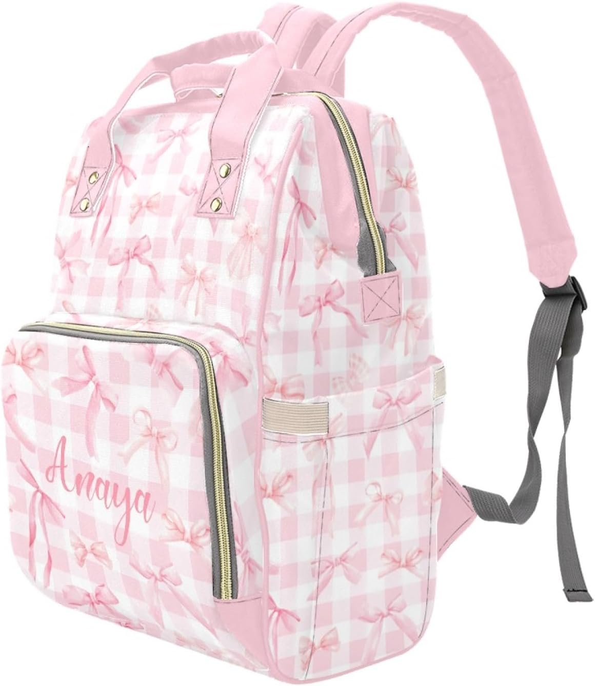 Custom Diaper Bag Backpack for Women, Personalized Name Nursing Mommy Daypack, Pink Bow Diaper Bag for Baby Girls, New Mom Gifts