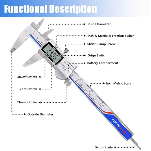 Digital Caliper Measuring Tool, IP54 Waterproof Stainless Steel Vernier Caliper