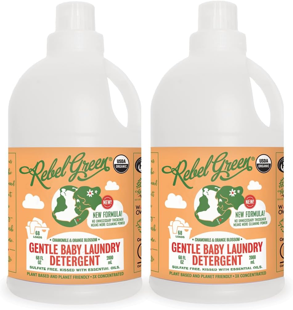 Rebel Green Organic Baby Laundry Detergent - Natural Laundry Soap - Liquid Laundry Detergent - Gentle Laundry Detergent - Chamomile & Orange Blossom Scent - (68 Load Bottles, 2 Pack)