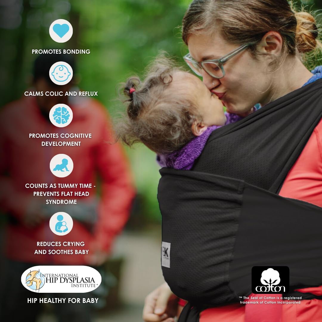 Breeze Baby K'tan Baby Carrier, #1 Easy Pre-Wrapped Baby Sling Gift | Breathable 100% Cotton Mesh | Hands Free Wrap for Infants | No Rings Or Buckles | Black | Large