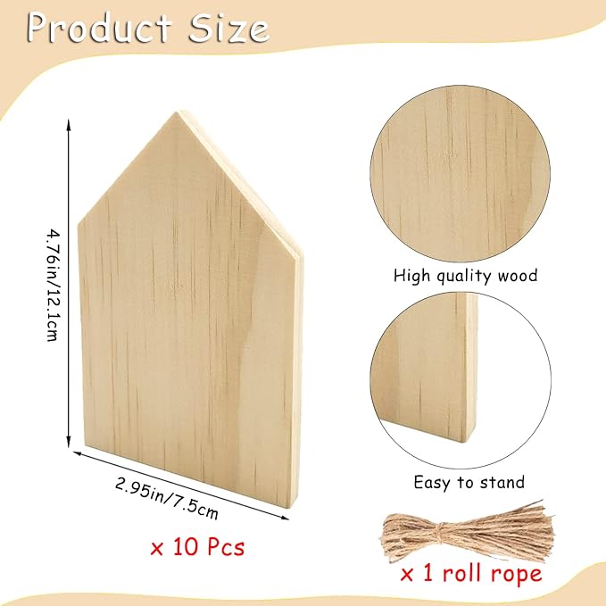 10 Pieces Unfinished House Shaped Wooden Cutouts Rustic Farmhouse Wooden