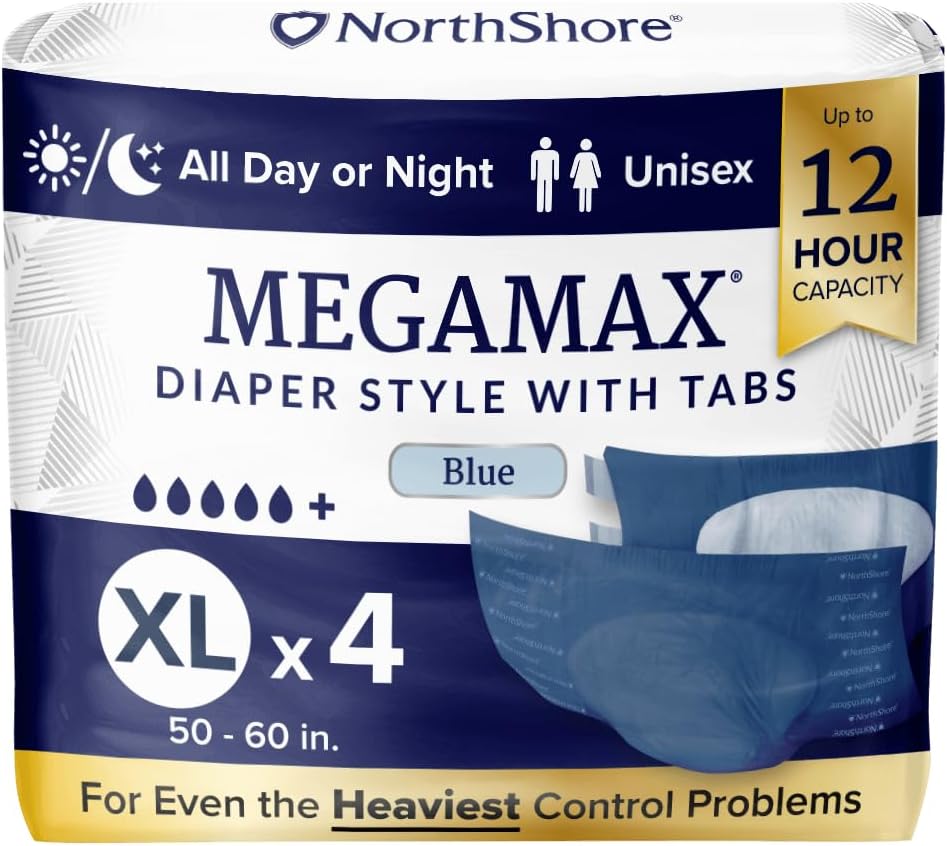 NorthShore MegaMax Adult Overnight Diapers, 12-Hour Tab-Style, X-Large, 4 Count Starter Pack, Blue, 50-60 inches, Unisex Incontinence Underwear