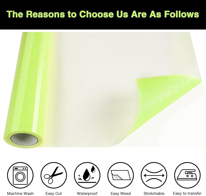 Neon Yellow Glitter HTV Heat Transfer Vinyl Roll 12inch x 20 ft