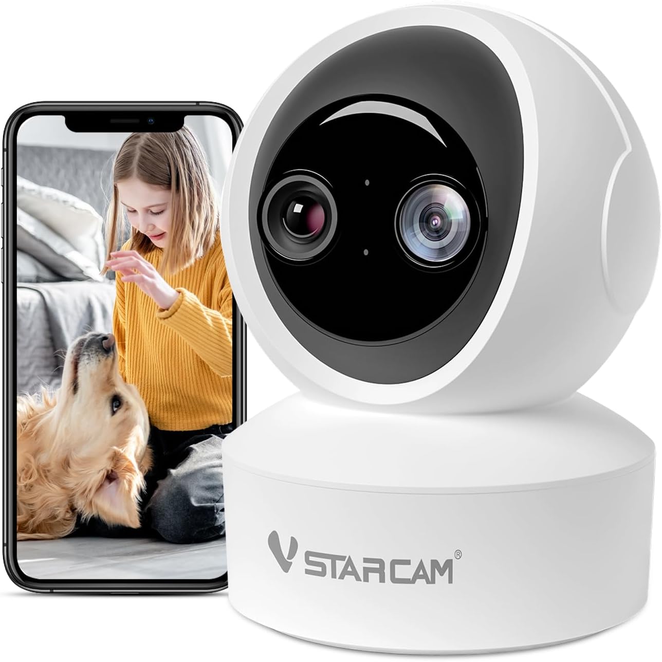 VSTARCAM Indoor Security Camera,2K HD 360° PTZ Dog Pet Camera with Phone APP, Night Vision, 2-Way Audio, Hybrid Zoom, 2.4G WiFi Dual Monitor, 7/24 Recording, Cloud/SD Card Storage (CS49D)