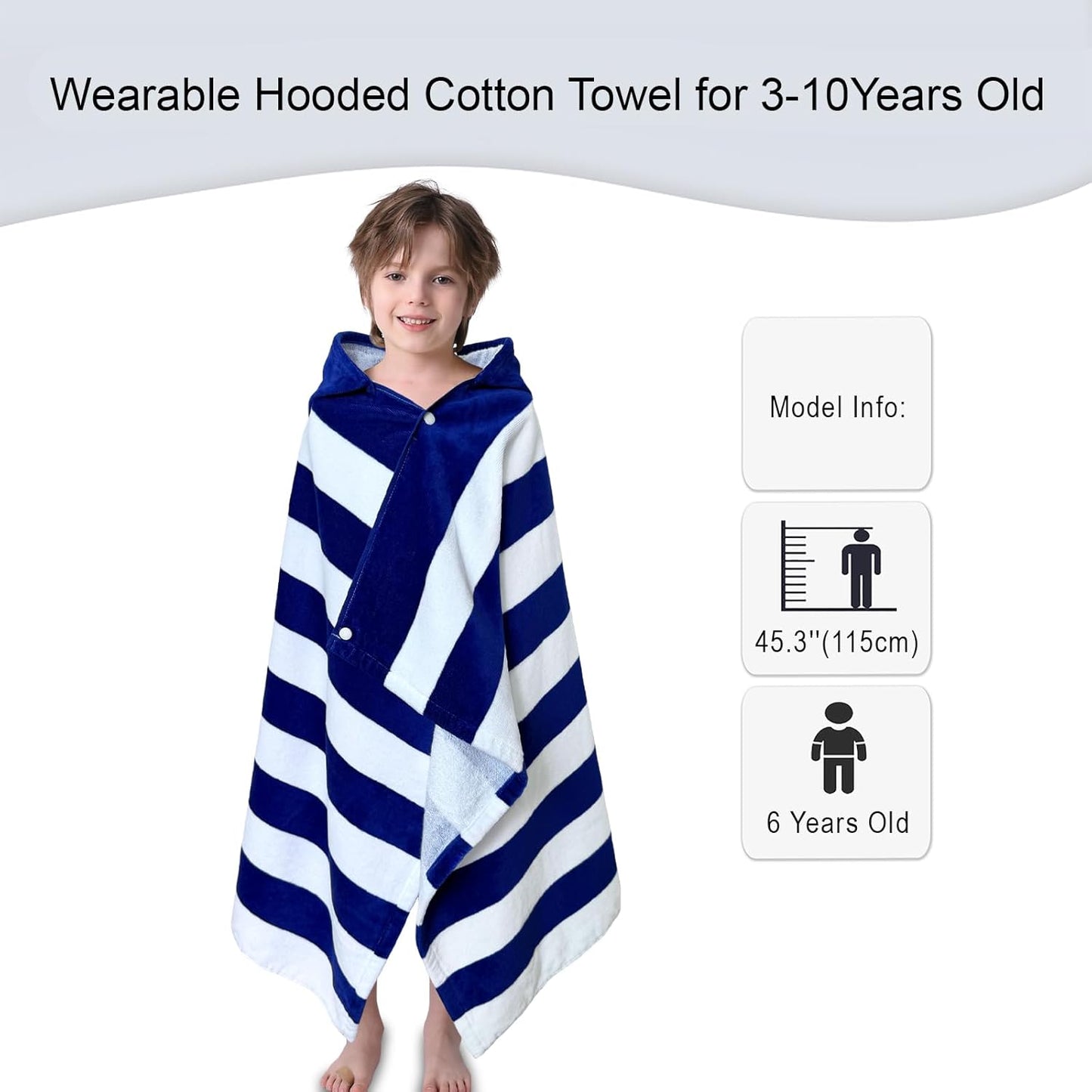 VOOVA & MOVAS Kids Beach Towel Wrap with Hood (3-10 Years, 30''x50'') - 100% Cotton Soft Absorbent Towel for Boys, Pool, Bath, Swimming & Beach - Blue Cabana Stripe Design