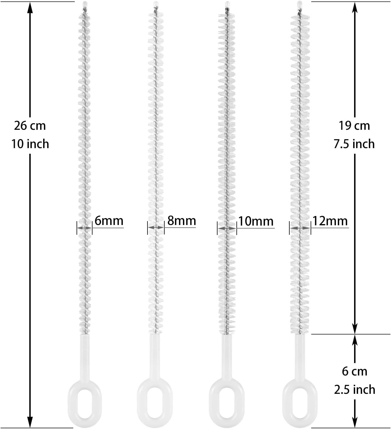 Straw Cleaner Brush Set (4 Pack) - 10 Inch, 4 Diameters for Thin & Smoothie Straws, Heavy-Duty, Comfort Grip Handle
