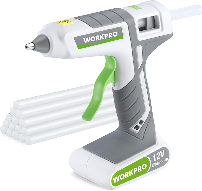 WORKPRO Full Size Cordless Hot Melt Glue Gun - 12V Rechargeable Fast Preheating