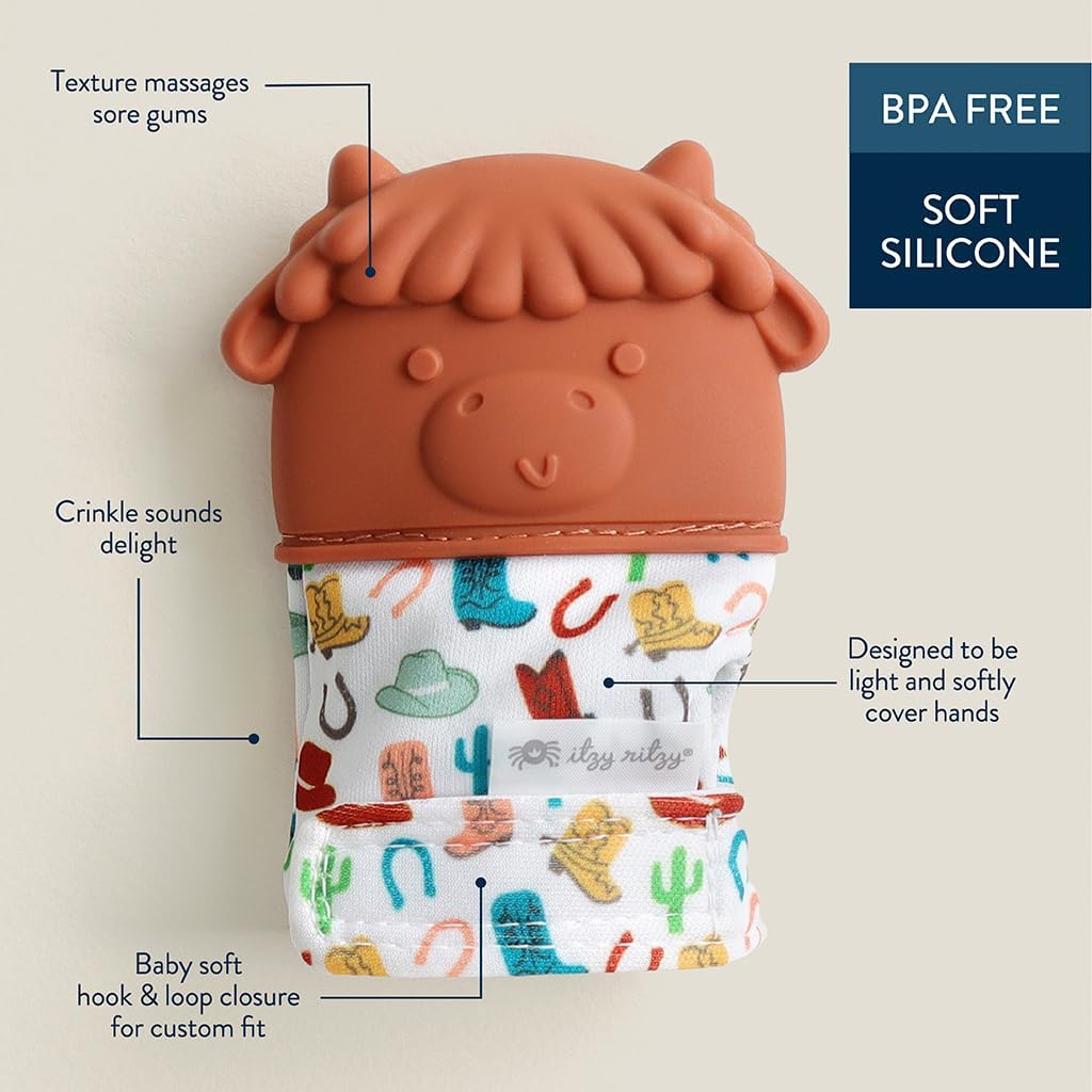 Itzy Ritzy Silicone Teething Mitt - Soothing Infant Teething Mitten with Adjustable Strap, Crinkle Sound & Textured Silicone to Soothe Sore & Swollen Gums - for Ages 3 Months & Up (Cow)