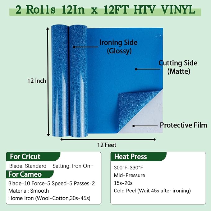guangyintong Glitter Sky Blue Heat Transfer Vinyl HTV Rolls, 2 Rolls 12" x 12ft