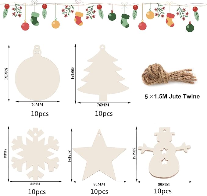 50PCS Unfinished Wood kit with Holes, Wooden Circles