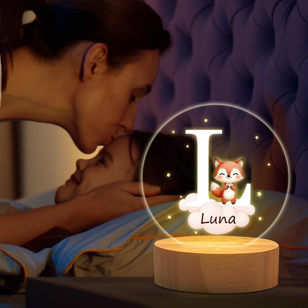 callie Acrylic Night Light Name Plate Personalized, Custom Cute Forest Animals with Wooden Base Bedroom Decor, Birthday Gifts Christmas Gifts for Family