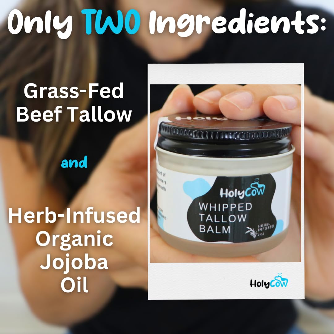 HolyCow Beef Tallow For Skin - Whipped Tallow Balm with Organic Jojoba Oil (Unscented/Herb-Infused), Grass Fed Beef Tallow Face Moisturizer for Eczema, Baby, Lip Balm - Lotion For Extremely Dry Skin