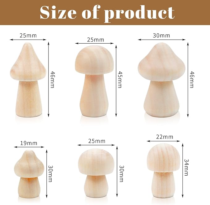 36 Pieces Unfinished Wooden Mushrooms 6 Size Natural Plain Unpainted Wooden