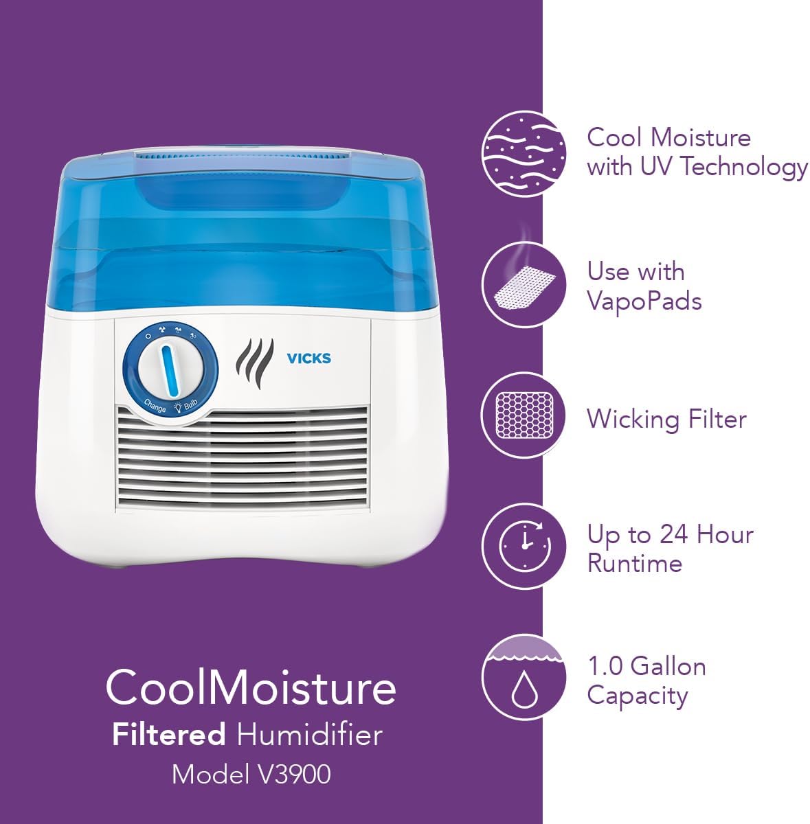 Vicks Cool Mist Humidifier with UV light. Evaporative Humidifier auto-adjusts to room humidity without over humidification. For Kids Bedrooms, Baby Rooms, and More. Use with Vicks VapoPads.