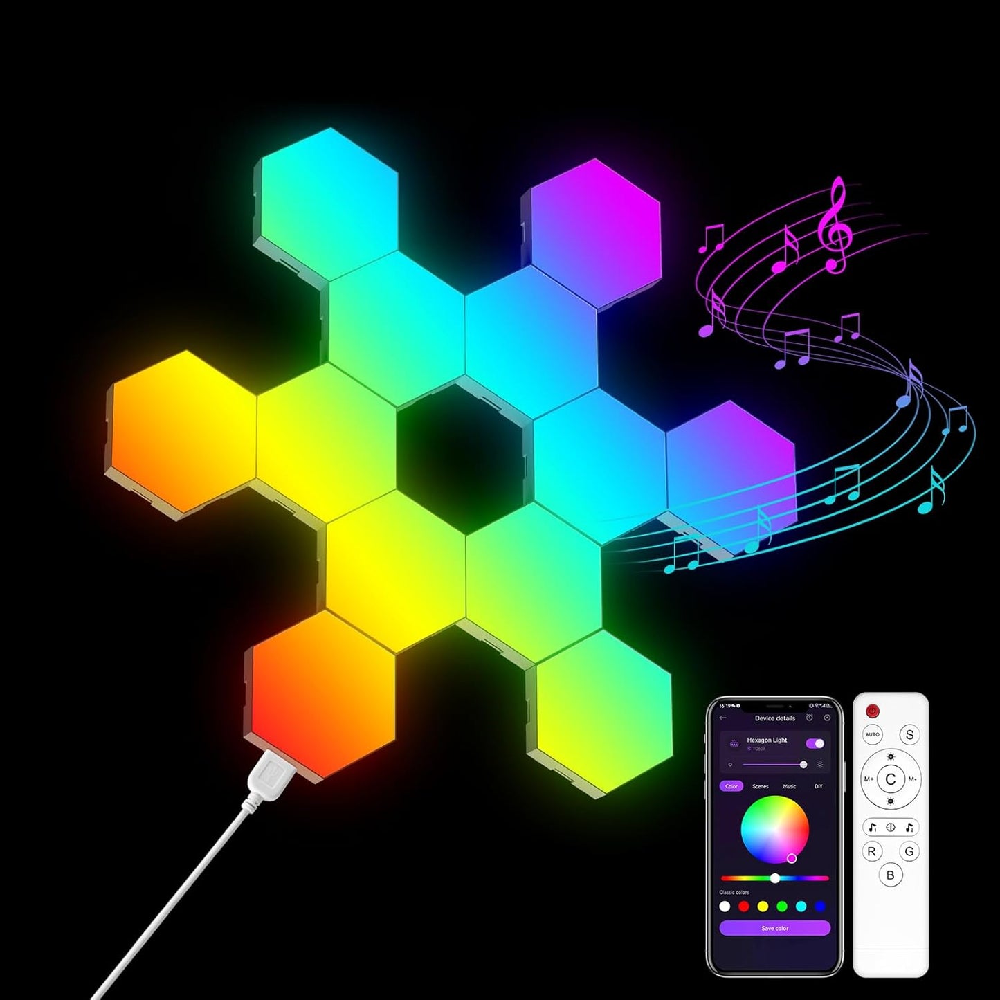 OJQ 12 Pack Hexagon Lights Wall RGB Panel - Hexagonal Led Lights Room Decor Wall Lights Smart APP Music with Sync Honeycomb Shape Panels Hexagon Gaming Lights for Bedroom Children