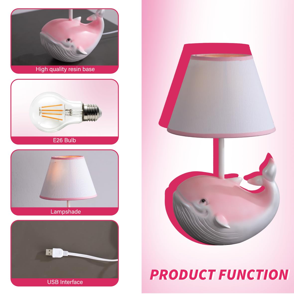 Whale Lamp,Kids Lamp, Night Lights,lamp with Fabric Lampshade, Compatible with E26 Bulb, USB Interface, Perfect for Girls' Room, Ideal Gift Choice