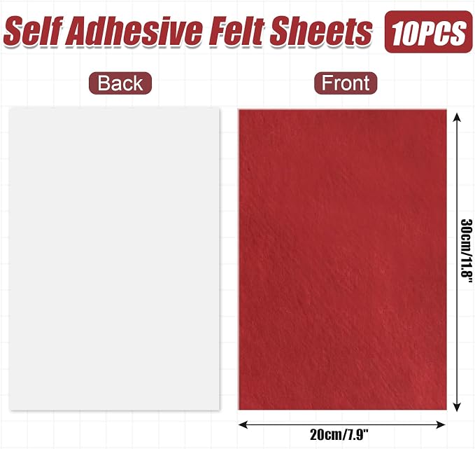 Bonsicoky Red Self Adhesive Felt Sheets, 10 Pack, A4 Size | Felt Fabric