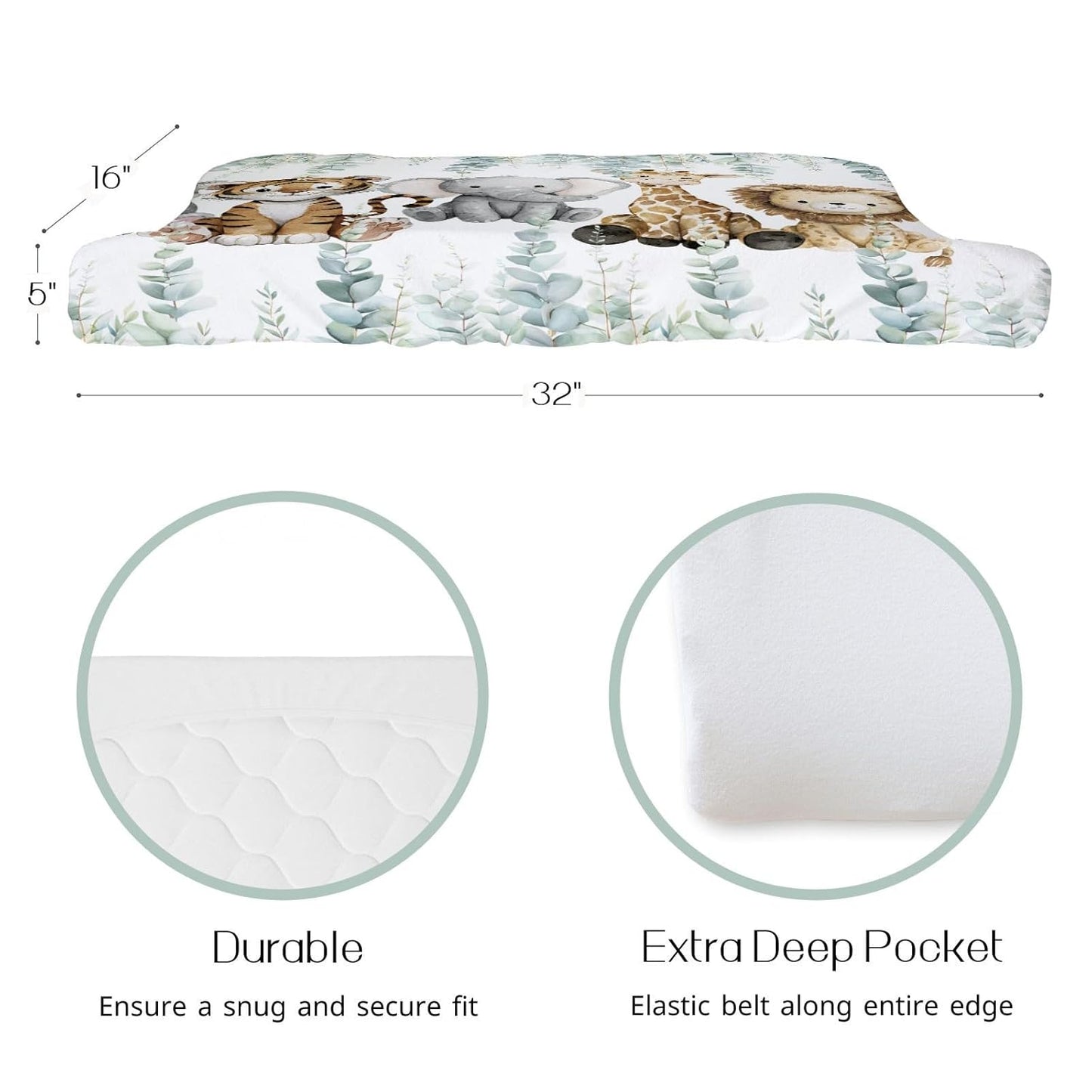 HawSkgFub African Safari Jungle Animals Eucalyptus Leaf Changing Pad Cover Baby Girl Boy, Giraffe Elephant Leopard Lion Zebra Diaper Change Table Sheet Soft Stretchy Safe Snug Fitted Fit 32"/34" x 16"