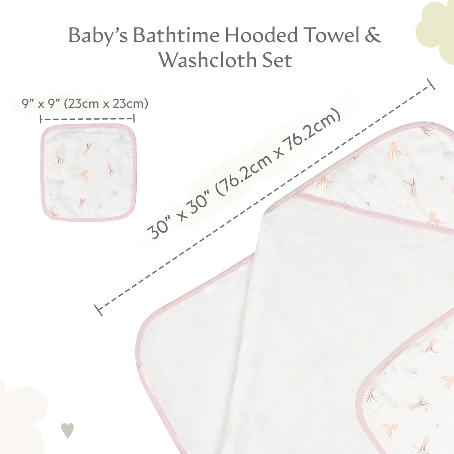 Bamboo Viscose Baby Hooded Towel & Washcloth Set for Babies and Toddlers, Soft & Absorbent, 70% Viscose from Bamboo, 30% Cotton Muslin - Imported (Octopus)