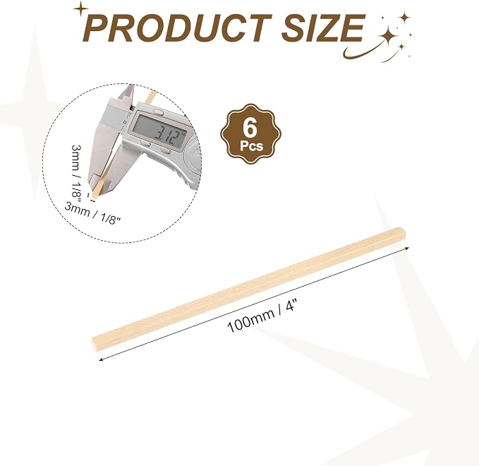 MECCANIXITY 6Pcs Basswood Sticks, 1/8" x 1/8" x 4" Square Wooden Dowel Rods