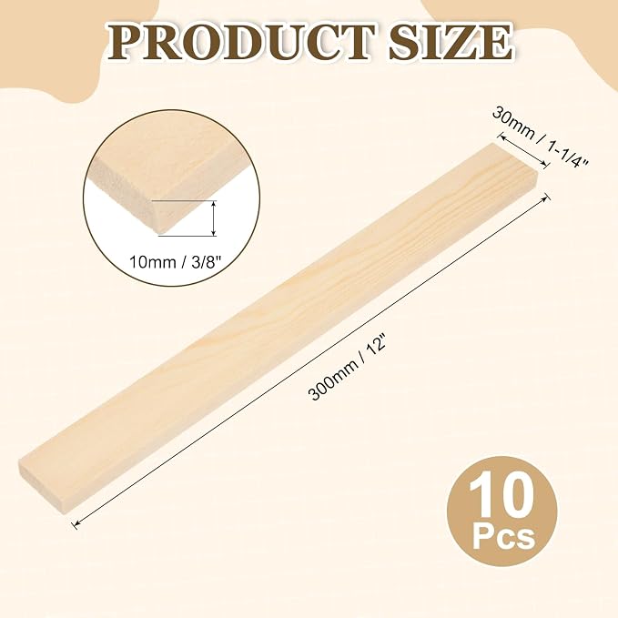 MECCANIXITY 10Pcs Wood Strips Slats, 3/8" x 1‑1/4" x 12" Thin Wood Sticks Flat