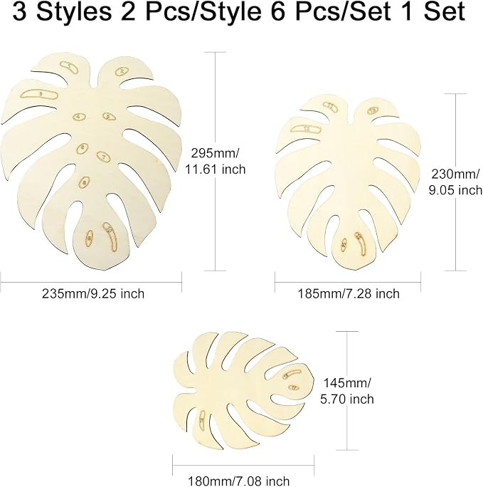 6 Pcs Wooden Monstera Leaf Cutouts Unfinished Blank Wooden Leaves Pieces
