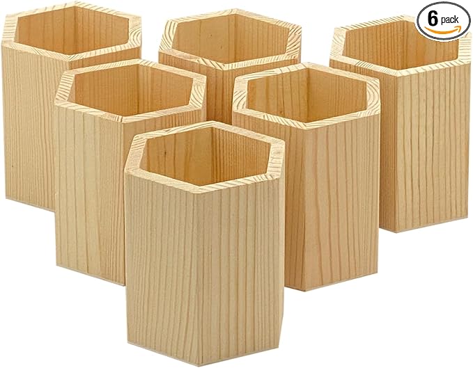 Cregugua 6 Pieces 4 Inch Wooden Pen Holder Hexagon shaped Unfinished Wood