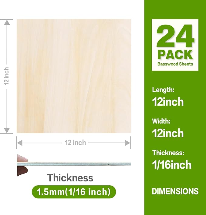 Basswood Sheets 12"x12"x1/16, 1.5mm Basswood