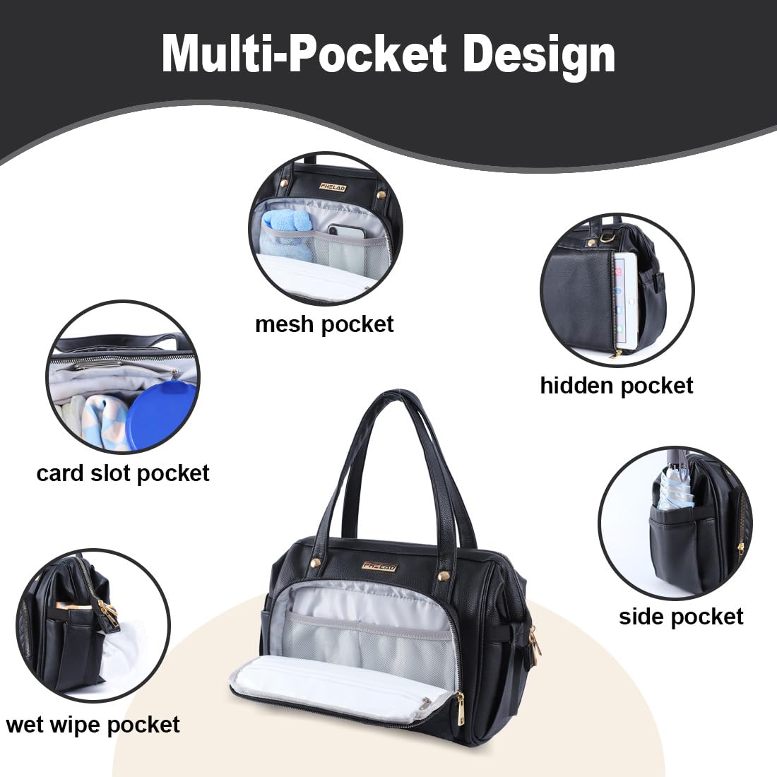 Diaper Bag Tote, with 12 Pocket Mom Bag, 16" Large Leather Baby Bags Convenient to Carry Diapers, Wet Wipes, and Bottles (Black)