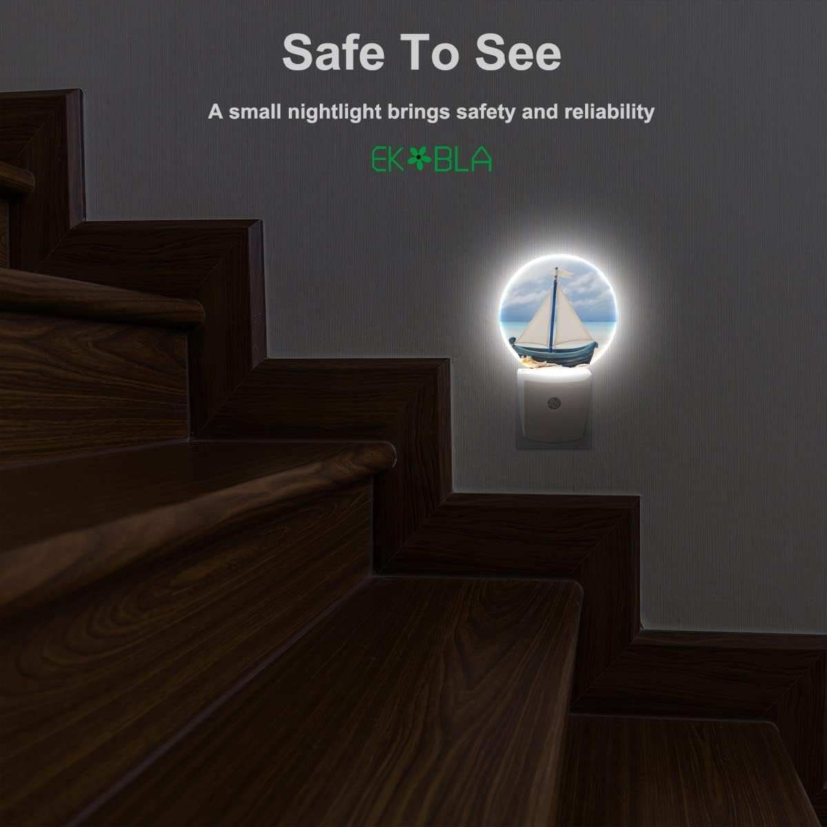 EKOBLA Nautical Night Lights Plug into Wall Sea Boat Ship on Beach Night Light LED Round Lamp for Coastal Room Decorations, 0.5W Nightlight Sleep Friendly