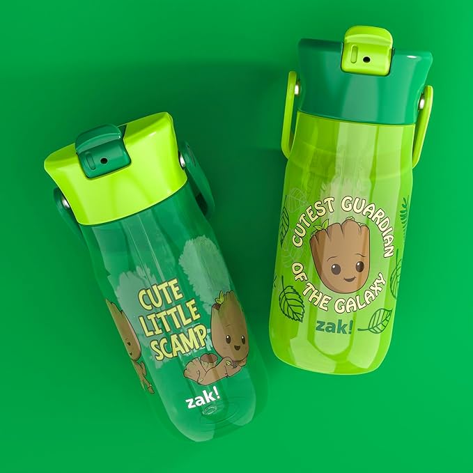 Zak Designs Harmony Marvel Groot Water Bottle for Travel or At Home, 18oz Recycled Plastic is Leak-Proof When Closed with Straw Lid and Carry Handle, 2-Pack (Groot)