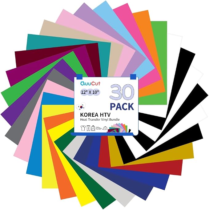 QuuCut HTV Heat Transfer Vinyl Bundle: 30 Pack 12" x 10" Sheets, 26 Assorted