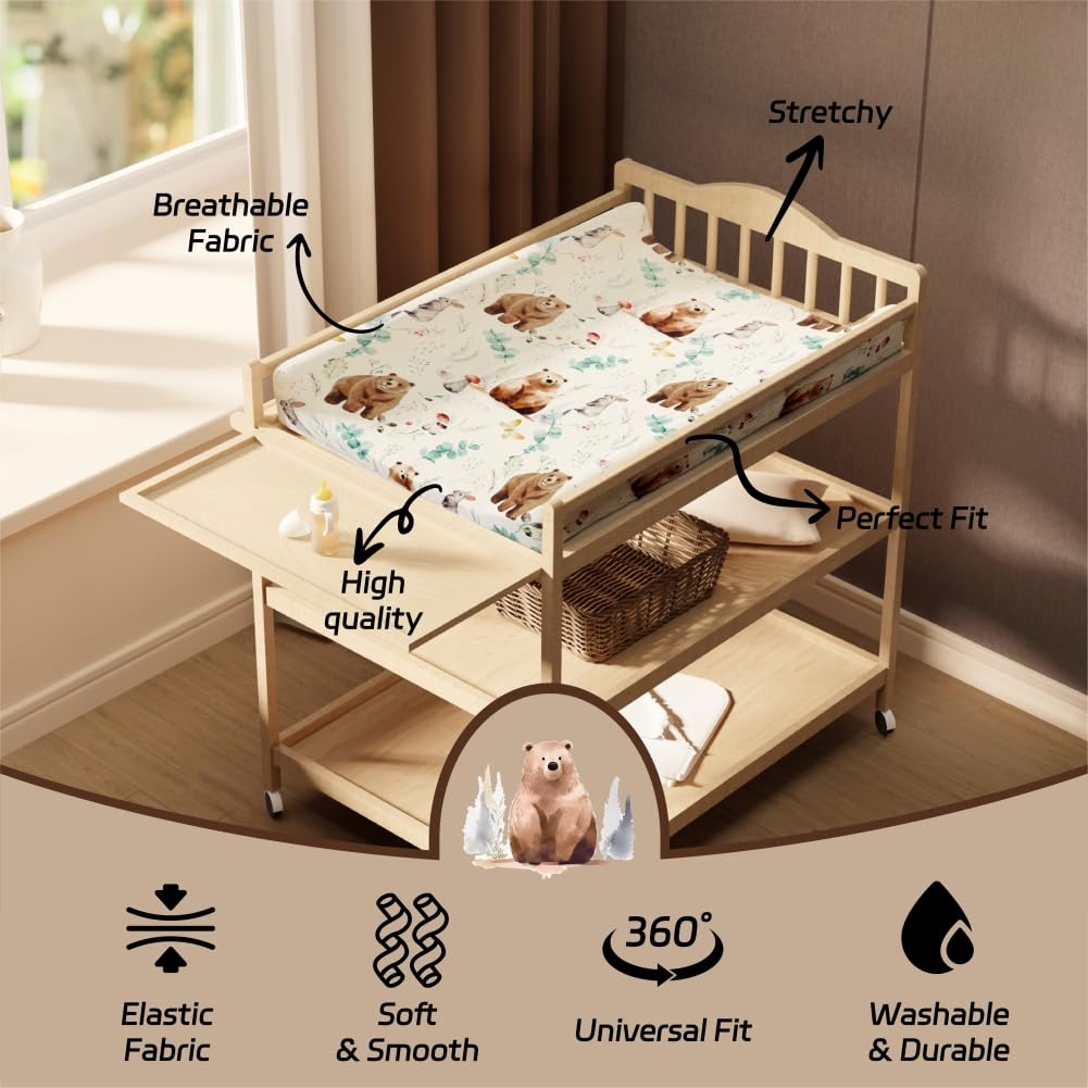 4 Pack Changing Pad Covers Woodland Forest Animals Wood Neutral Unisex Fitted Baby Changing Pad Cover Set for Baby Boys or Girls (Cartoon Beer)
