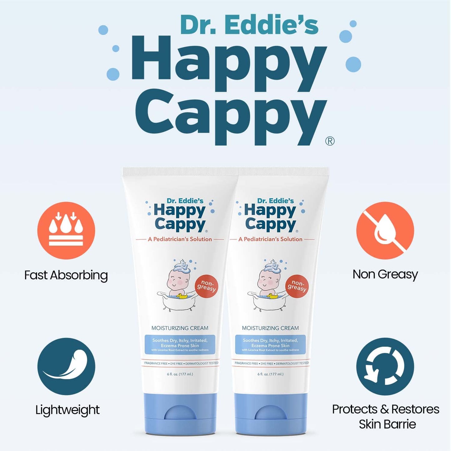 Happy Cappy Dr. Eddie's Moisturizing Cream - Baby Eczema Cream, Eczema Lotion for Kids, Pediatrician-Formulated, Gentle, Paraben Free, Hypoallergenic, Soothes Dry Skin - 6 Fl Oz (Pack of 2)