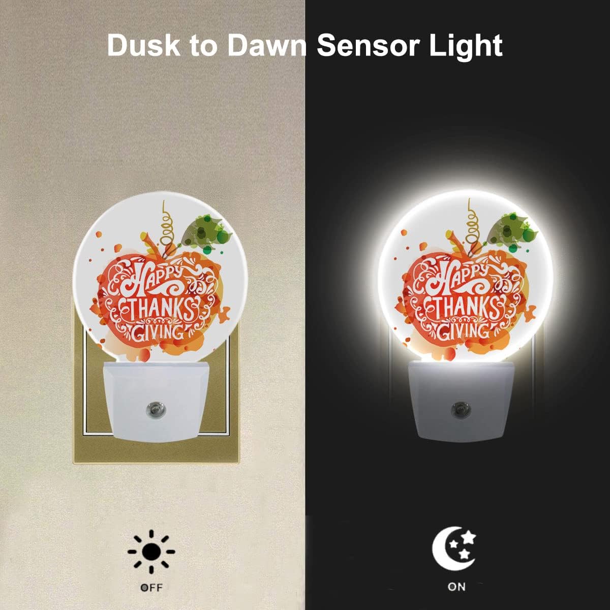 EKOBLA Pumpkin LED Night Light Happy Thanksgiving Day Pumpkin with Green Leaf Autumn Dusk to Dawn Plug-in Nightlights Auto Sensor for Home Indoor Bathroom Hallway Kitchen