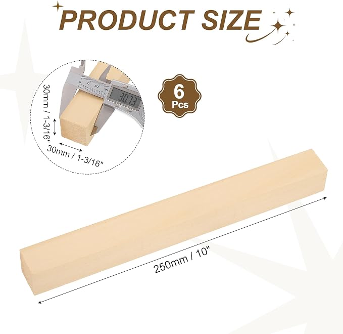 MECCANIXITY 6Pcs Basswood Sticks, 1.2" x 1.2" x 10" Square Wooden Dowel Rods