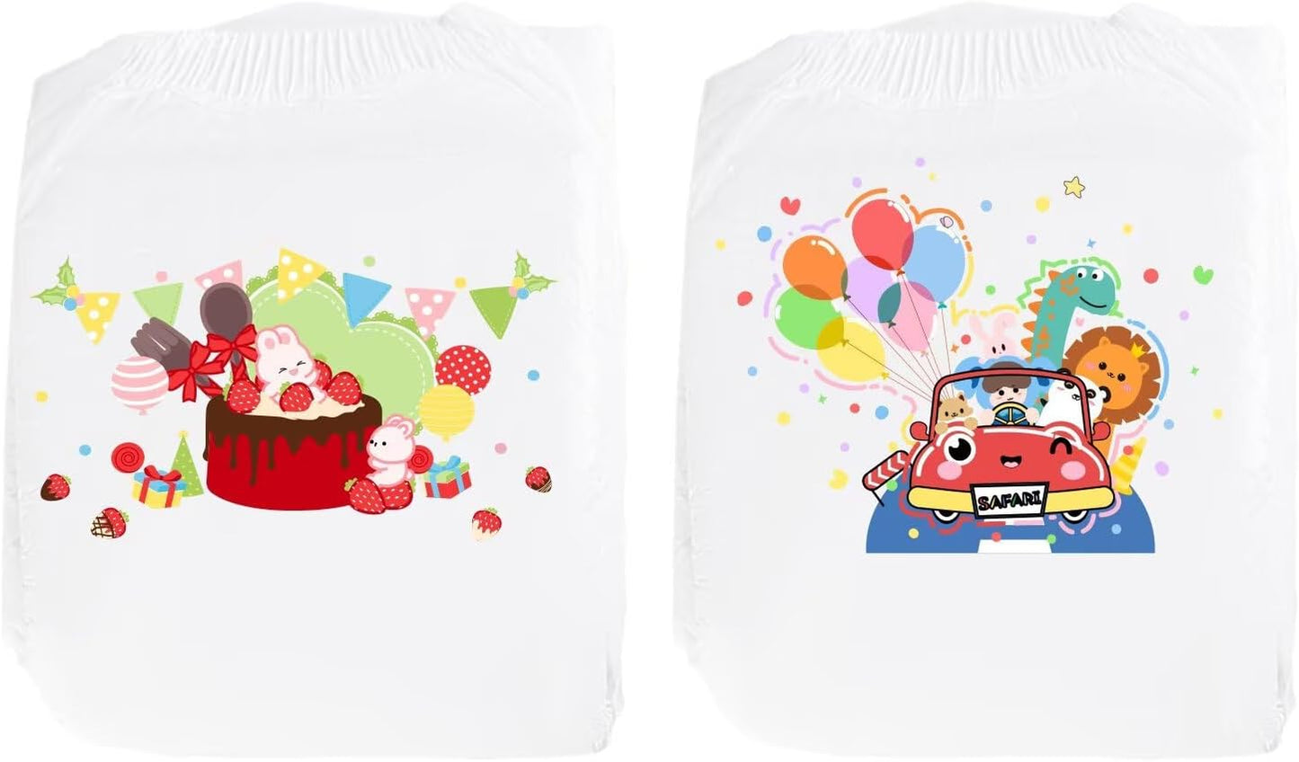 Landofgenie Adult Diapers with Tabs Unisex Overnight High Absorbency Diapers Pack of 2 (Medium 28"-38") - Bunny Party and Animal Amusement Park
