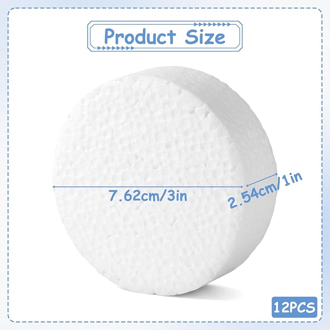 3 Inch Foam Circles for Crafts, 12 Pack 1 Inch Thick White Polystyrene Circles