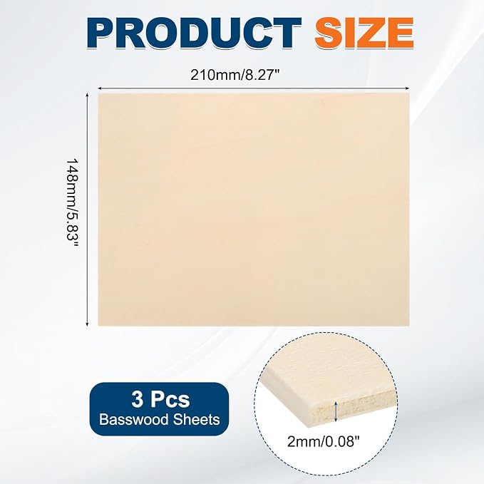 MECCANIXITY 3 Pcs Basswood Sheets 8.3 x 6 x 5/64 Inch Unfinished Wood Boards