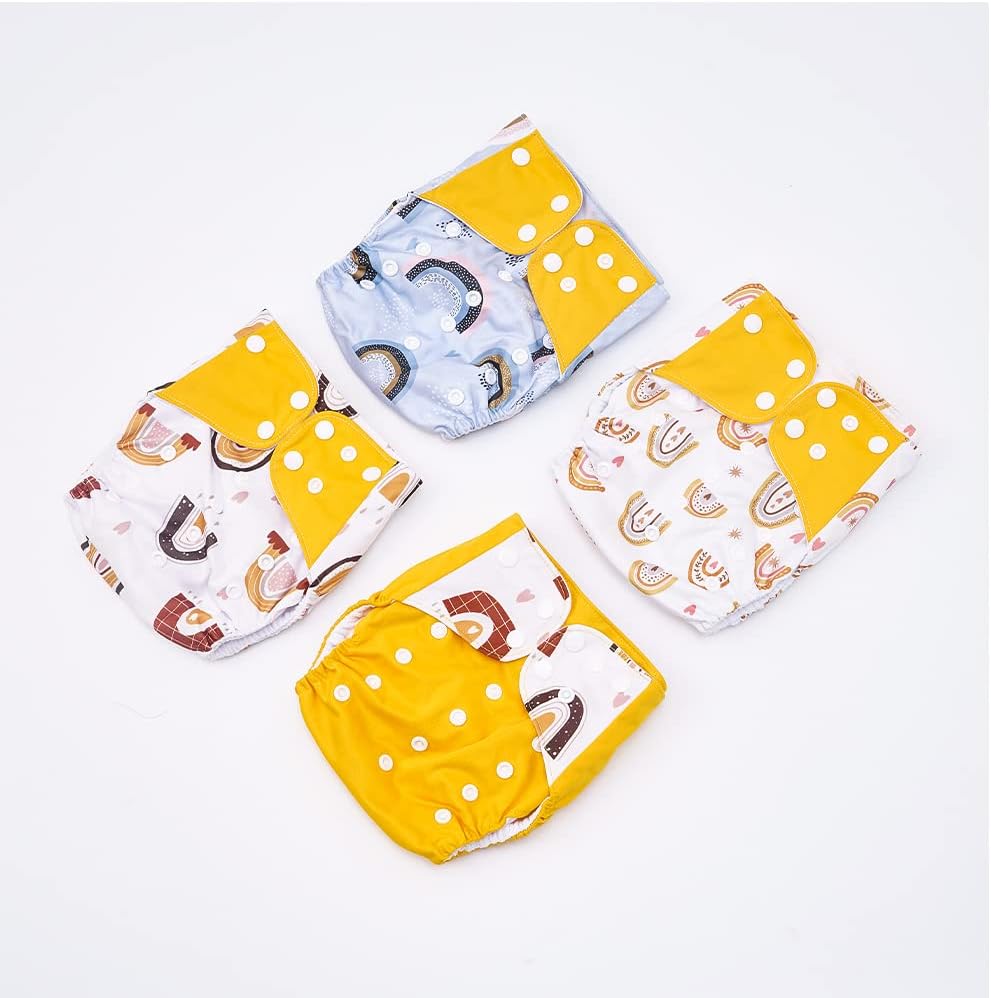 HappyFlute 4 Sets Newborn Baby Cloth Pocket Diapers One Size Adjustable Reusable for Baby Boys and Girls(No Inserts,Yellow)