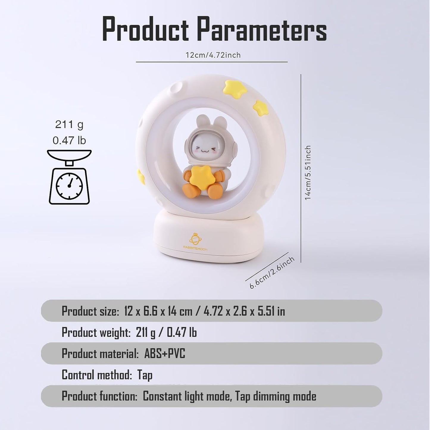 Moon and Bunny Rechargeable Night Light, Safe PVC and ABS Material, 3 Brightness Levels, Tap Control, Warm Light, Toddler Sleeping Lamp, Bedroom Night Lamp, Gift for Baby and Kid (Moon and Bunny)