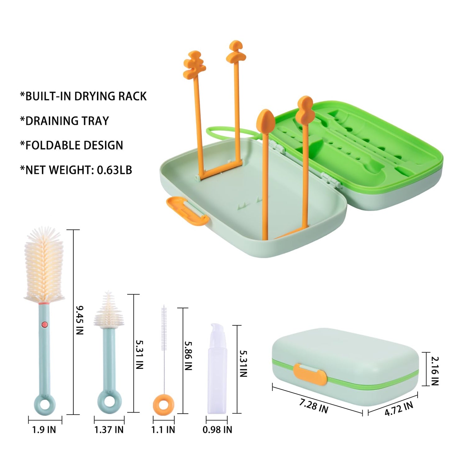 7in1 Travel Bottle Cleaner kit,Baby Essentials, with Bottle Brush、Nipple Brush、Straw Cleaner Brush、Soap Dispenser、Bottle Drying Rack、Drainage Tray、Storage Box,Baby Travel Essential (Green)